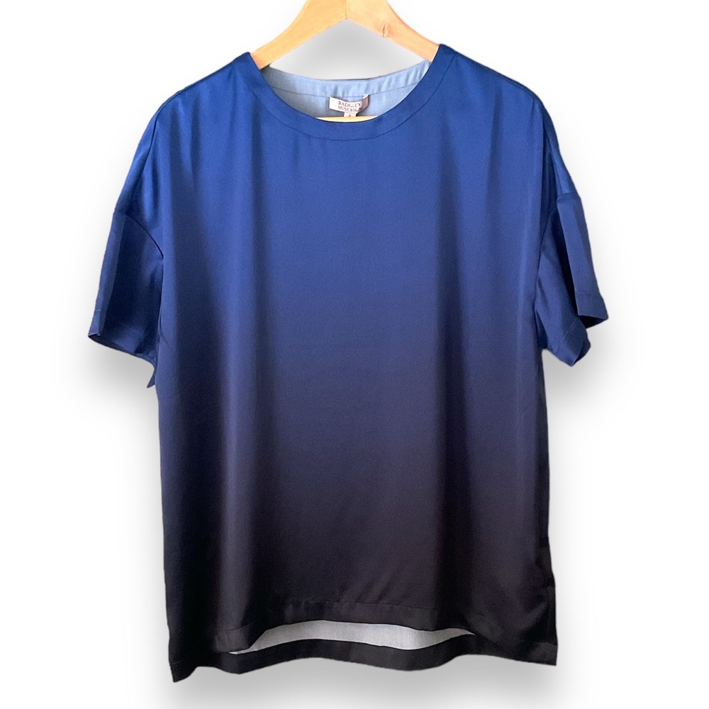 NWT Badgley Mischka Blue To Black Ombré Silk Crewneck Short Sleeve Top S